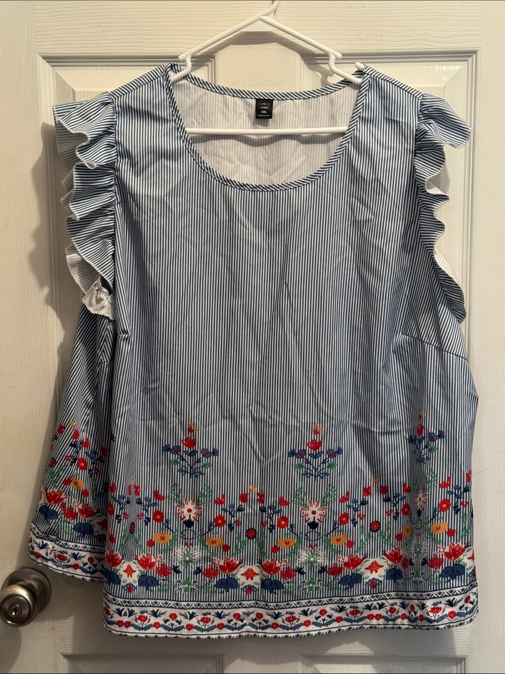 SHEIN 4X Blue Striped Boho Top Floral Border Print Ruffle Sleeve